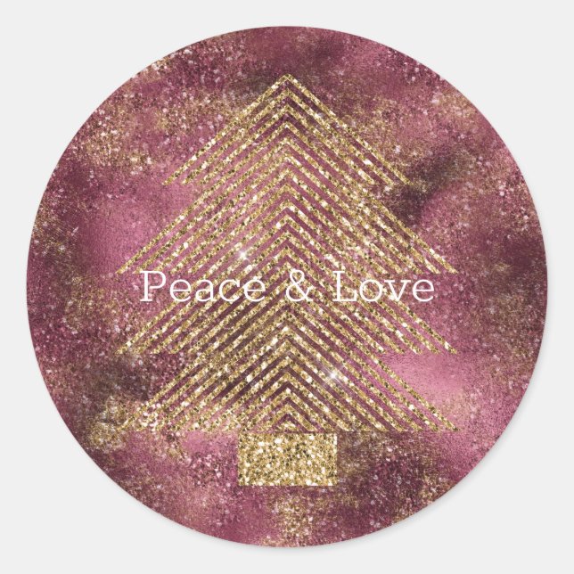 Burgundy Cherry Gold Glitter Christmas Tree        Classic Round Sticker (Front)