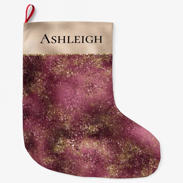 Burgundy Cherry Gold Glitter Sparkle  Large Christmas Stocking (Front)