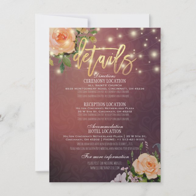 Burgundy Chic Floral String Lights Wedding Detail Invitation (Front)