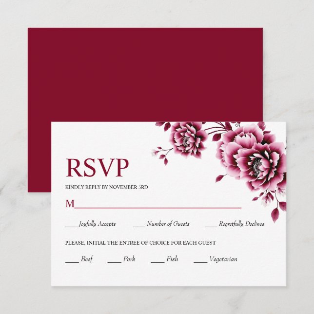 Burgundy Chinese floral peony flowers wedding RSVP Card (Front/Back)