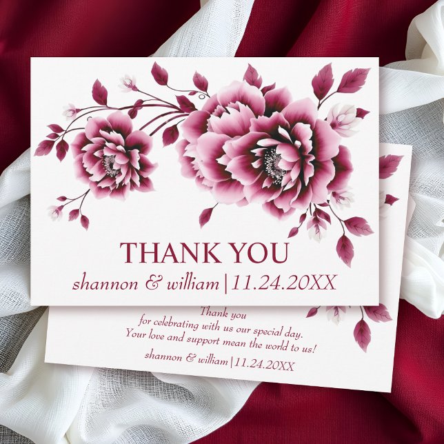 Burgundy Chinese peony flowers floral wedding Thank You Card (Creator Uploaded)