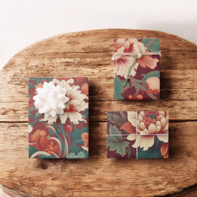 Burgundy Chinoiserie Antique Toile de Jouy Floral  Wrapping Paper Sheet (Creator Uploaded)