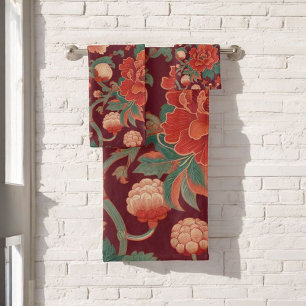Burgundy Chinoiserie Antique Watercolor Florals &  Bath Towel Set