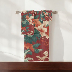 Burgundy Chinoiserie Antique Watercolor Florals &  Bath Towel Set