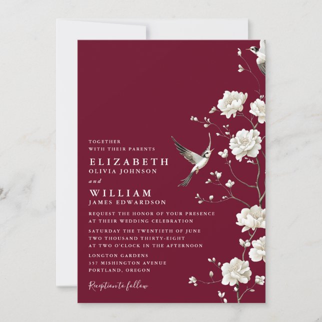 Burgundy Chinoiserie Floral All In One Wedding Invitation (Front)