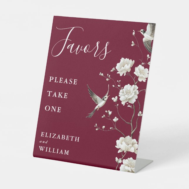 Burgundy Chinoiserie Floral Favours Wedding Pedestal Sign (Front)