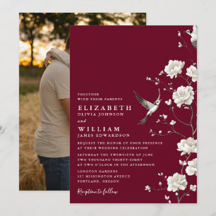 Burgundy Chinoiserie Floral Garden Wedding Photo Invitation
