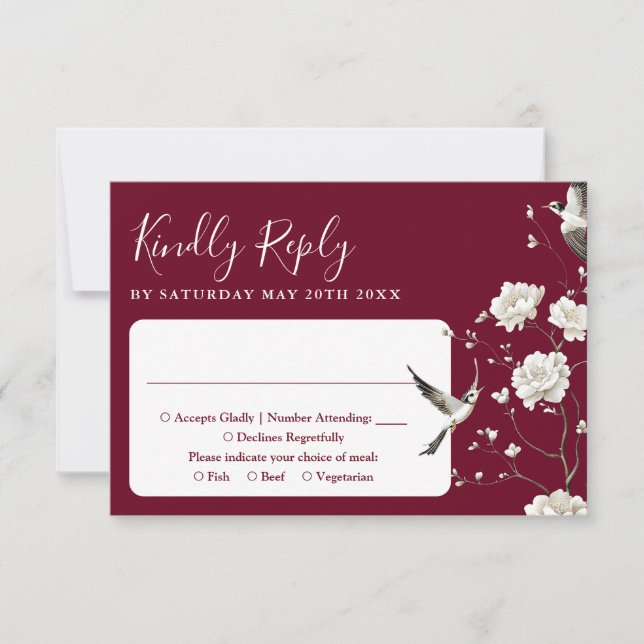 Burgundy Chinoiserie Floral Garden Wedding  RSVP Card (Front)