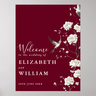 Burgundy Chinoiserie Floral Wedding Welcome Sign