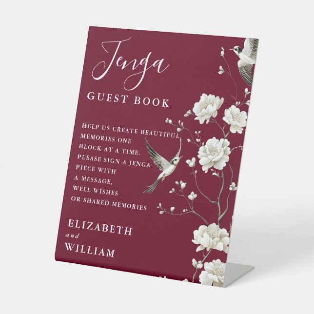 Burgundy Chinoiserie Jenga Guest Book Wedding Pedestal Sign (Front)