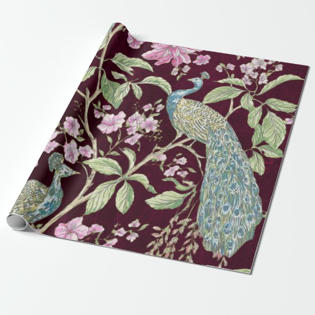 Burgundy Chinoiserie peacock floral decoupage Wrapping Paper (Unrolled)