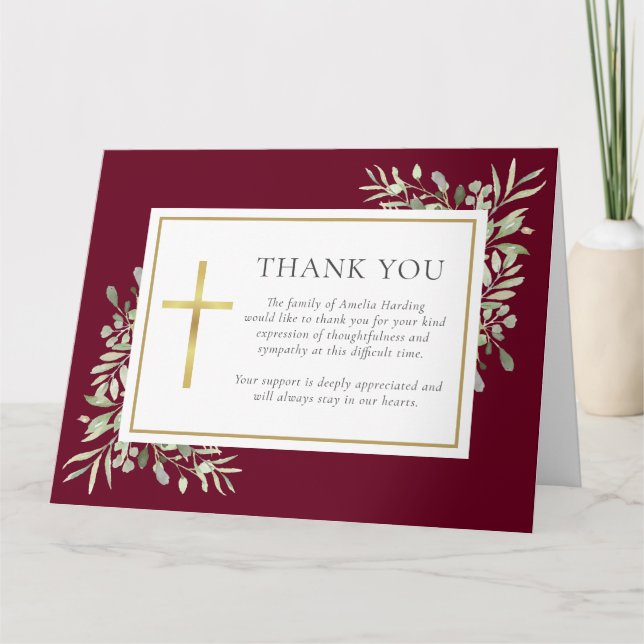 Burgundy Christian Funeral Watercolor Greenery  Thank You Card (Front)