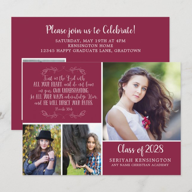 Burgundy Christian Graduation Bible Verse Photo Invitation (Front/Back)