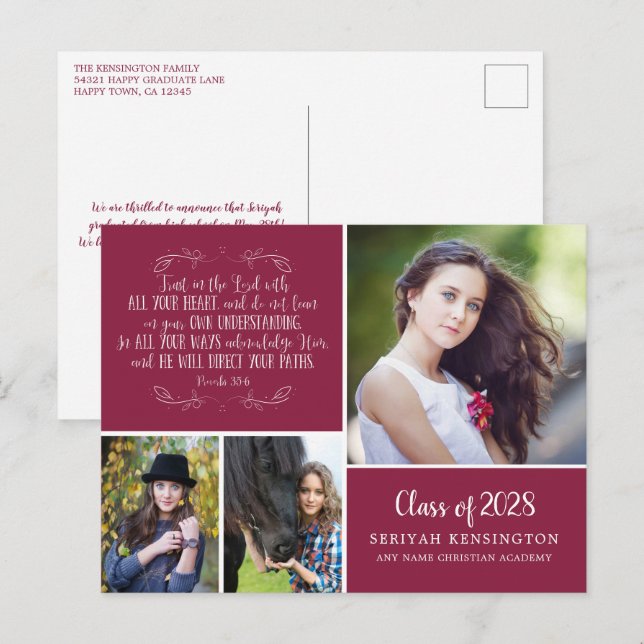 Burgundy Christian Graduation Proverbs 3 Photo Postcard (Front/Back)