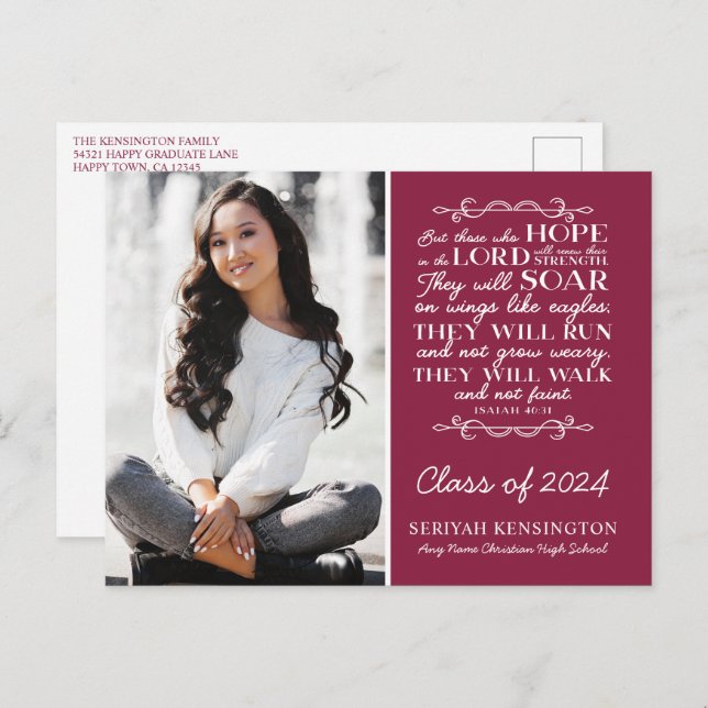 Burgundy Christian Graduation Verse Isaiah 40 Postcard (Front/Back)