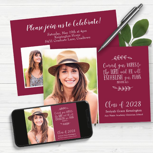 Burgundy Christian Verse Graduation Photo Invitation (Creator Uploaded)