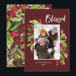 Burgundy Christmas foliage rustic 1 photo Holiday Card<br><div class="desc">Christmas photo green and red watercolor floral and foliage holiday card. Beautiful watercolour painted foliage and modern script text. Part of a collection.</div>