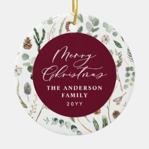 Burgundy Christmas minimal botanical photo Ceramic Tree Decoration