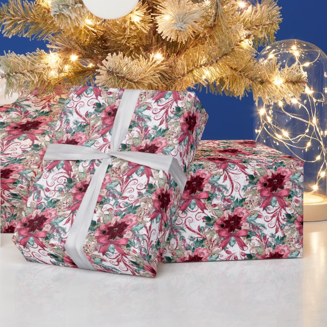 Burgundy Christmas Poinsettia Watercolor Wrapping  Paper (Holidays)