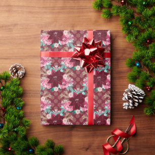 Burgundy Christmas Poinsettia Watercolor  Wrapping Paper