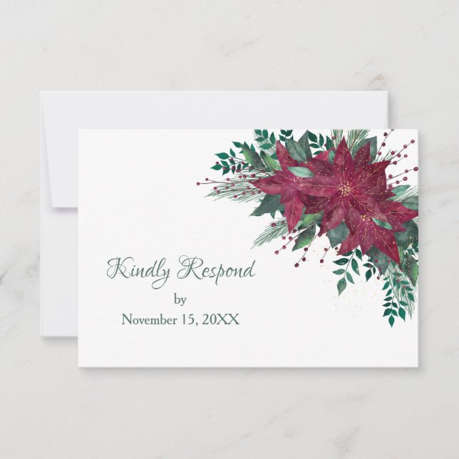 Burgundy Christmas Poinsettia Wedding RSVP (Front)