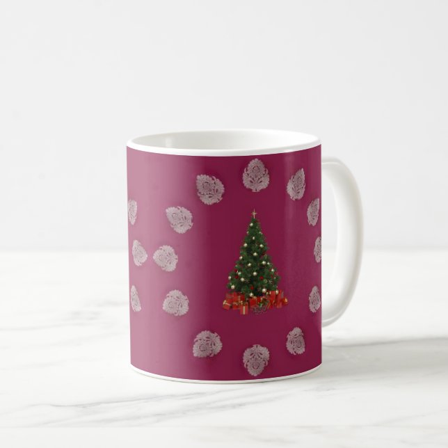 Burgundy Christmas theme gold motifs Coffee Mug (Front Right)