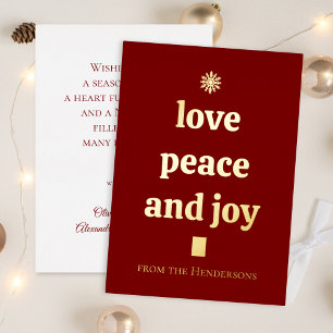 Burgundy Christmas Tree Minimalist Love Peace Joy Foil Holiday Card