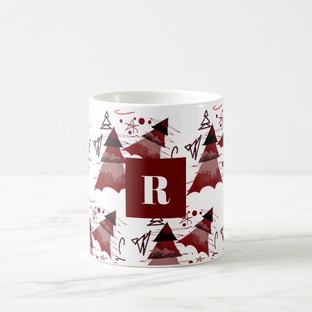 Burgundy Christmas Tree Pattern Monogrammed Coffee Mug (Center)