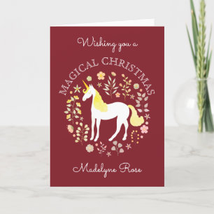 Burgundy Christmas Unicorn Whimsical Personalised Holiday Card