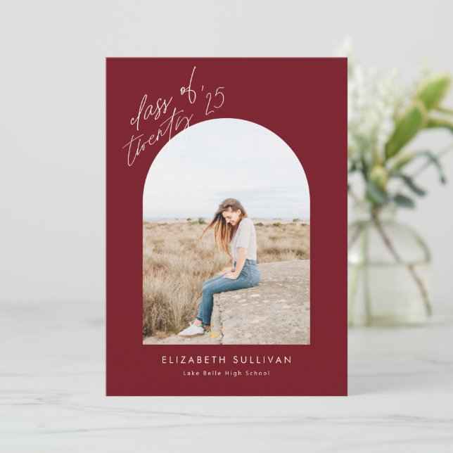 Burgundy Class of 2025 Arch Photo Graduation Announcement (Standing Front)