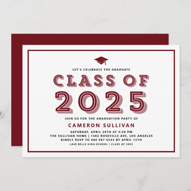 Burgundy Class of 2025 Cap Retro Graduation Invitation (Front/Back)