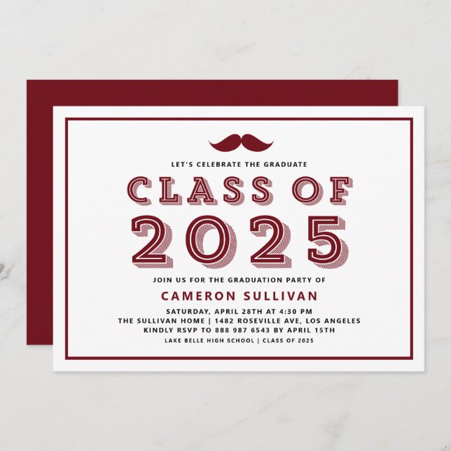 Burgundy Class of 2025 Moustache Retro Graduation Invitation (Front/Back)