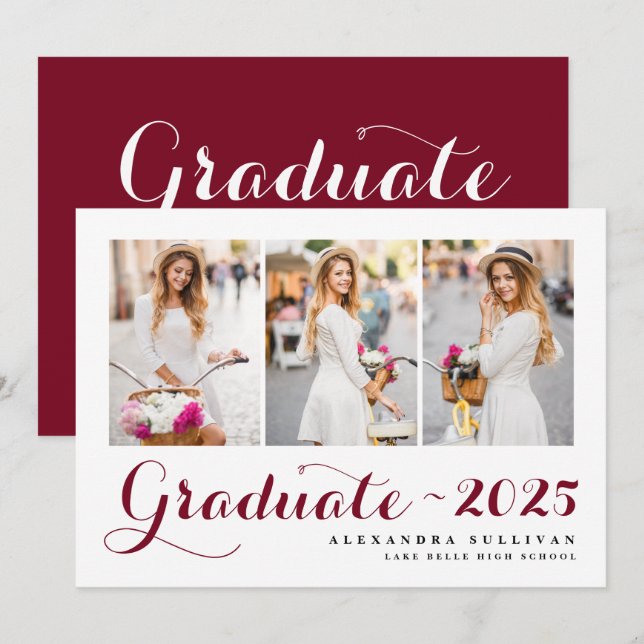 Burgundy Class of 2025 Photo Collage Graduation Announcement (Front/Back)