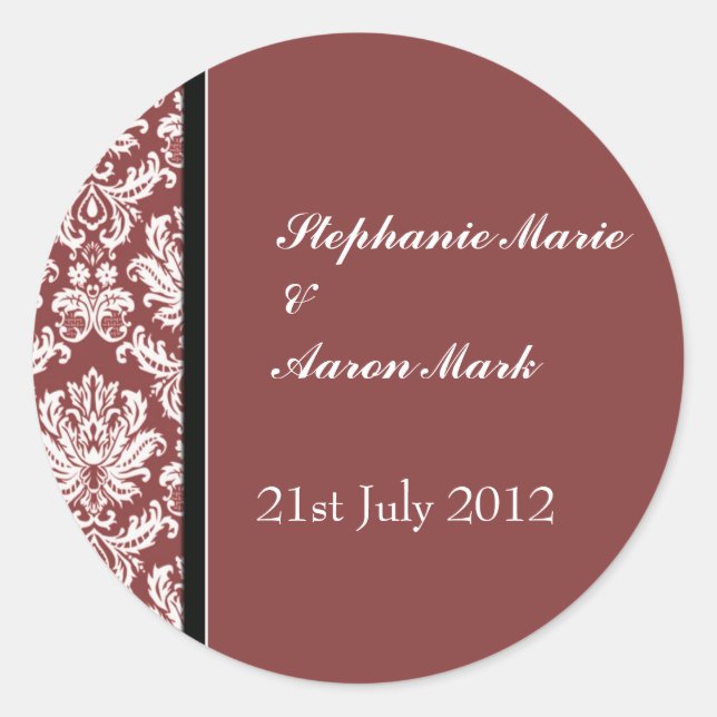 Burgundy Classic Damask Wedding Label Sticker (Front)