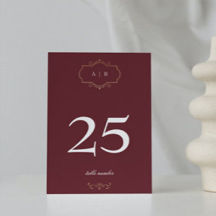 burgundy classic gold crest monogram wedding table number
