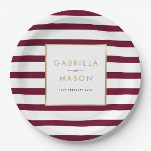 Burgundy Classic Stripe Faux Gold Foil Wedding Paper Plate