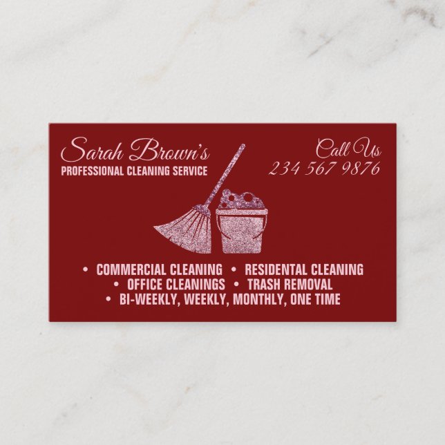 Burgundy Cleaning Service Maid Janitorial sparkle Business Card (Front)