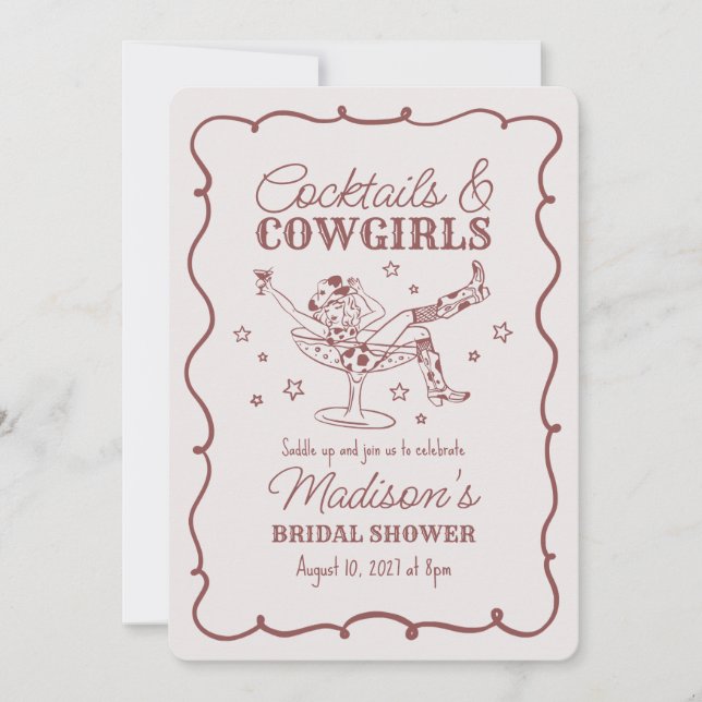 Burgundy Cocktail and Cowgirl Rodeo Bridal Shower Invitation (Front)