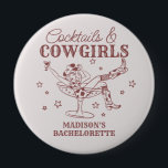 Burgundy Cocktails and Cowgirls Bachelorette Favou 10 Cm Round Badge<br><div class="desc">Get ready to celebrate your bride to be in true Nashville style with this Cocktails and Cowgirls Collection! Featuring a chic cowgirl lounging in a cocktail glass and neutral mauve and burgundy accents, it’s giving Nashville Girls Night vibes. Grab your boots and your besties because this is going to be...</div>