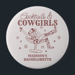 Burgundy Cocktails and Cowgirls Bachelorette Favou 10 Cm Round Badge<br><div class="desc">Get ready to celebrate your bride to be in true Nashville style with this Cocktails and Cowgirls Collection! Featuring a chic cowgirl lounging in a cocktail glass and neutral mauve and burgundy accents, it’s giving Nashville Girls Night vibes. Grab your boots and your besties because this is going to be...</div>