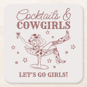 Burgundy Cocktails and Cowgirls Rodeo Bachelorette Square Paper Coaster