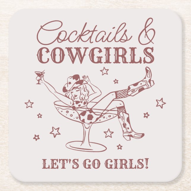 Burgundy Cocktails and Cowgirls Rodeo Bachelorette Square Paper Coaster (Front)