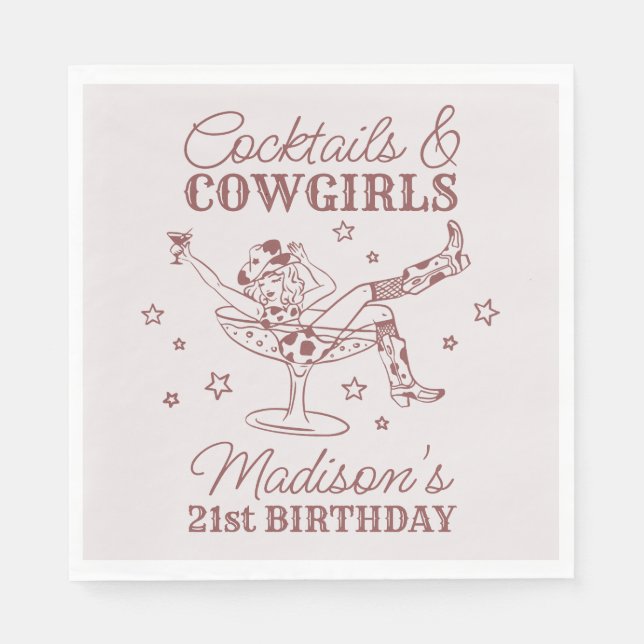 Burgundy Cocktails and Cowgirls Rodeo Birthday Napkin (Front)