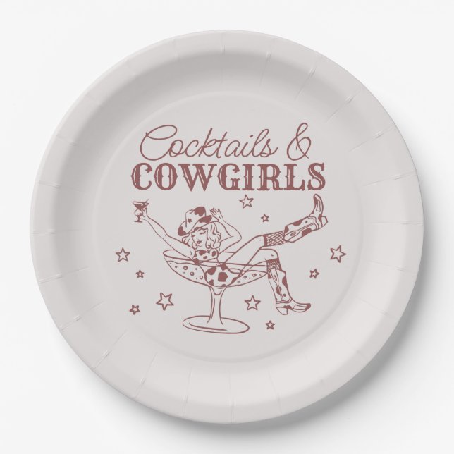 Burgundy Cocktails Cowgirls Birthday Bachelorette Paper Plate (Front)