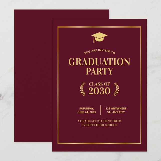 Burgundy College Graduation Party invite, Grad  Invitation (Front/Back)