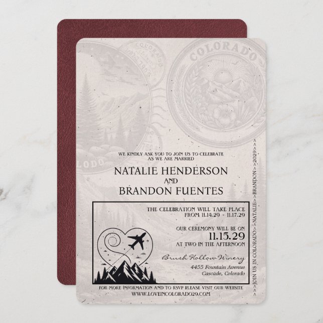 Burgundy Colorado Passport Wedding Invitation (Front/Back)