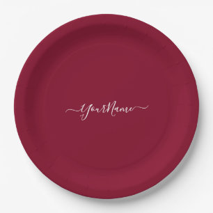 burgundy colour-elegant script paper plate