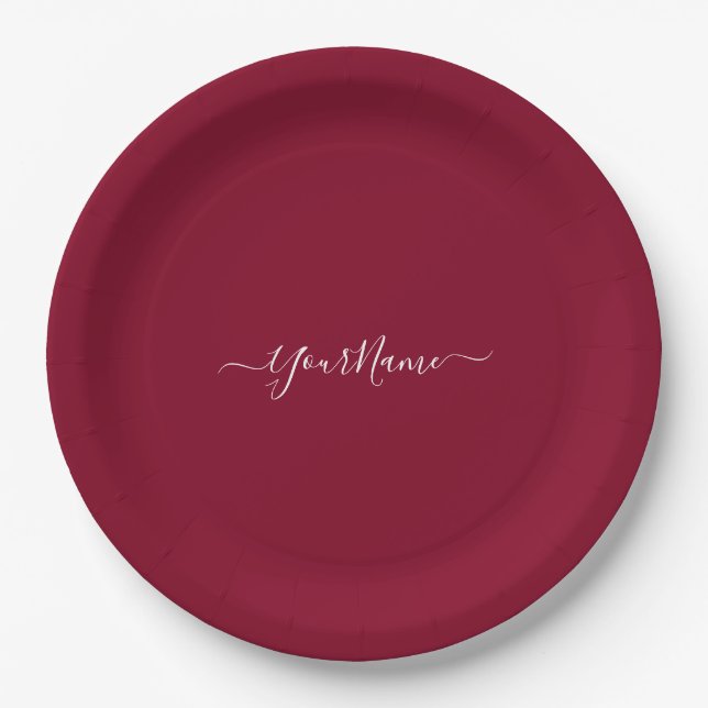burgundy colour-elegant script  paper plate (Front)
