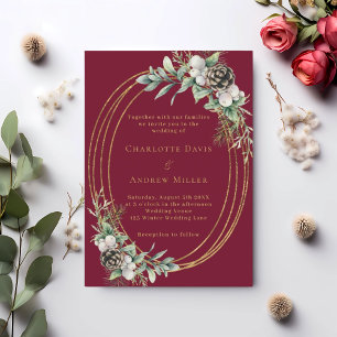 Burgundy cone pine greenery gold frame wedding invitation