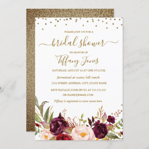 Burgundy Confetti Floral Gold Bridal Shower Invitation